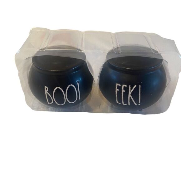 Rae Dunn Artisan Collection Boo & Eek Black Ceramic Cauldron S&P Shaker Set. - Picture 2 of 7